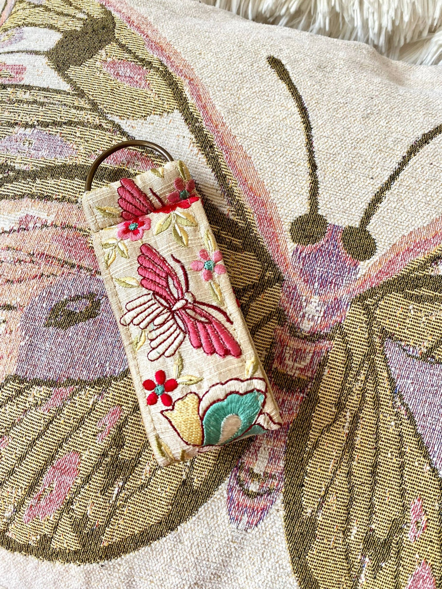 KeychainButterfly in Creme~ floral fabric keychain spring gift